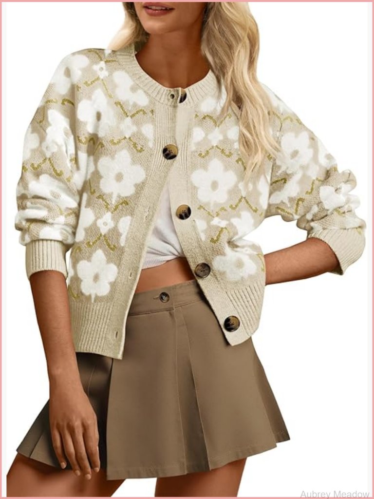 Floral Cardigan, Long Sleeve Button Down Knit Sweater Coat